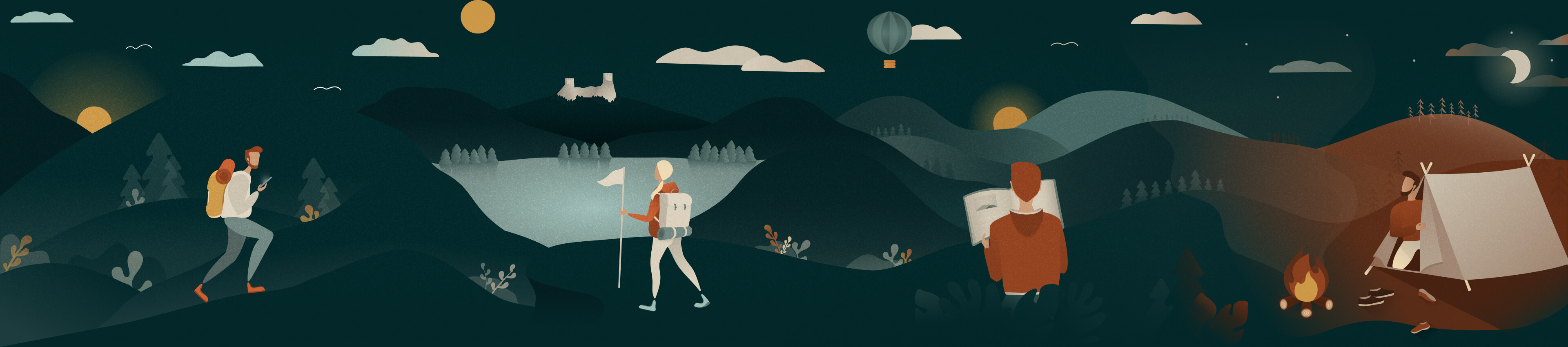 ilustrace krajiny s cestovateli